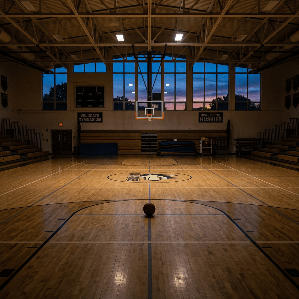 Empty indoor basketball gym with basketball hoop and ball on wooden court